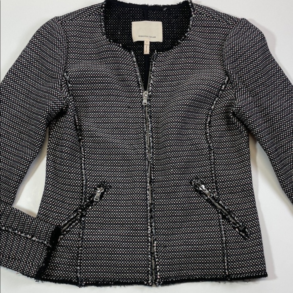 Rebecca Taylor Tweed Jacket Black White Zip Front Blazer Women’s size 4